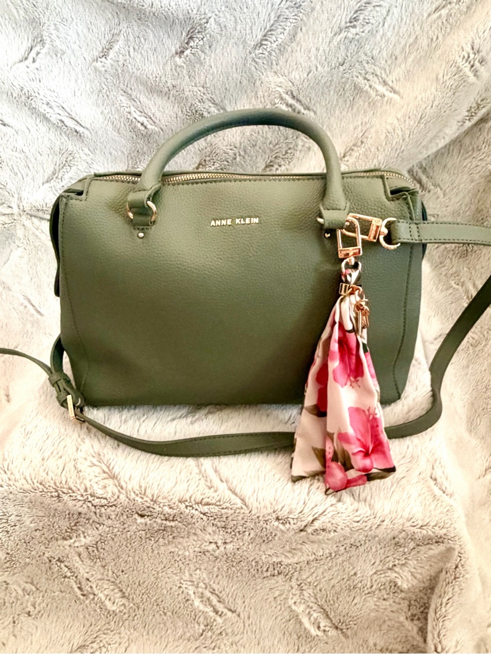 Anne Klein New Olive Green Satchel with Floral Scarf Accent (smokers house)